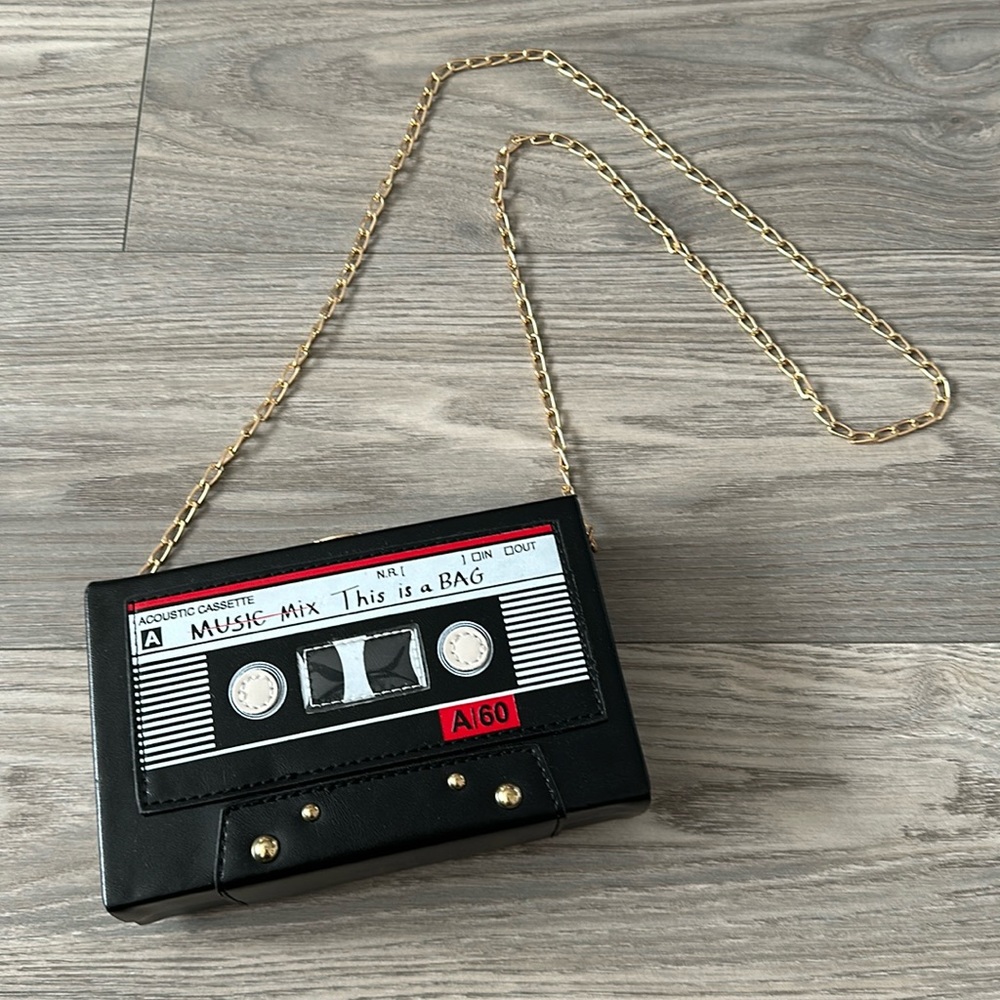 Vintage Cassette Tape Bag - Small Crossbody - Hard Shell with Gold Chain Strap